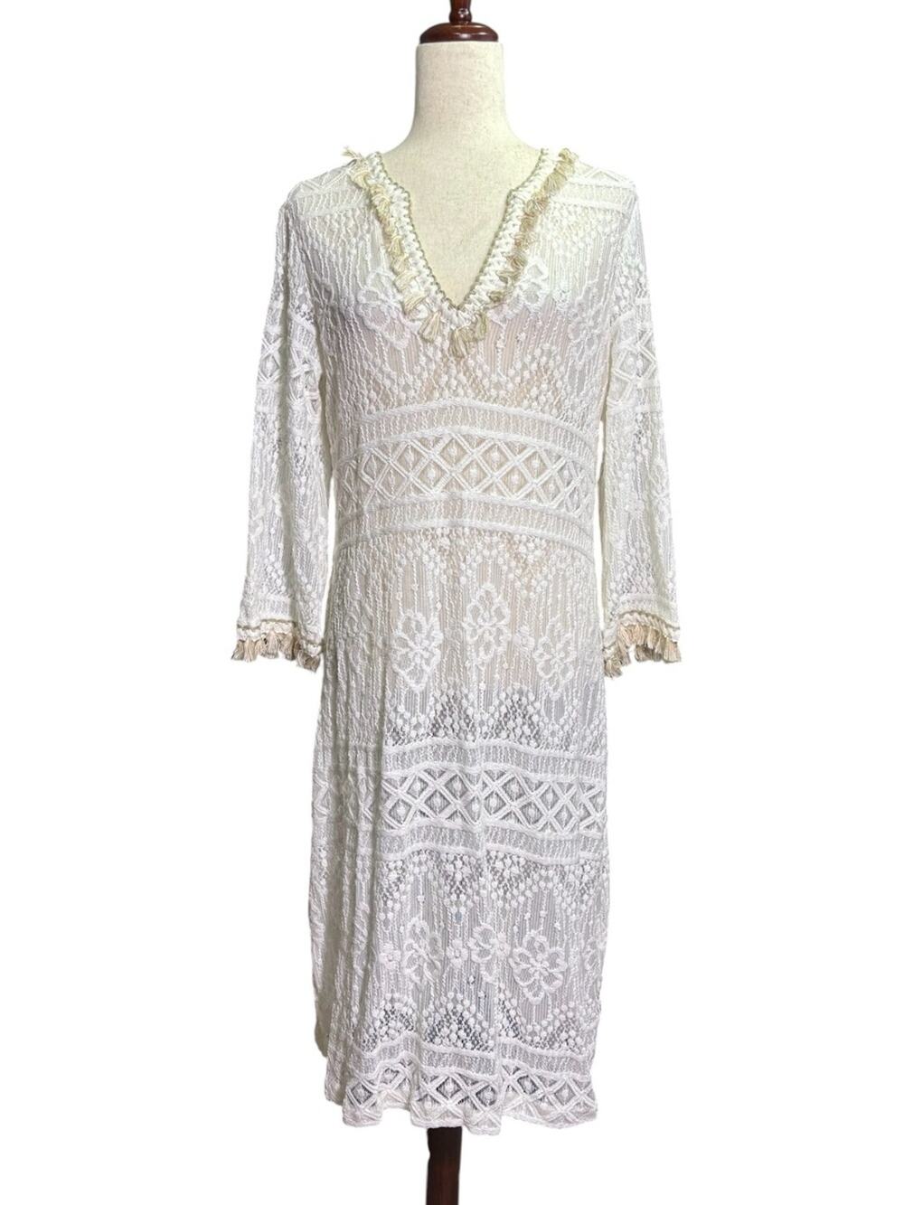 Trina Turk White Lace Boho Fringe Trim Midi Dress or Swim Coverup Size 8 0963